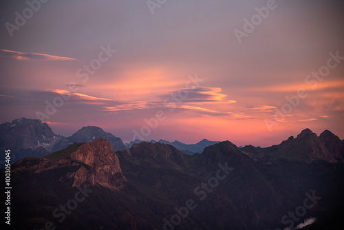 Colorful sunset in the Dolomite mountains at Passo Giau.