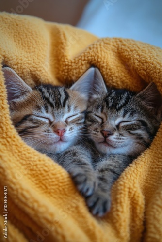 Two adorable kittens sleeping together in warm orange blanket during a cozy a...