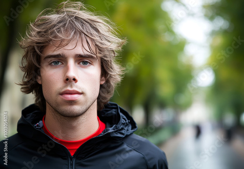 A youth with curly hair and a serious expression gazes directly at the camera in a tranquil park setting
