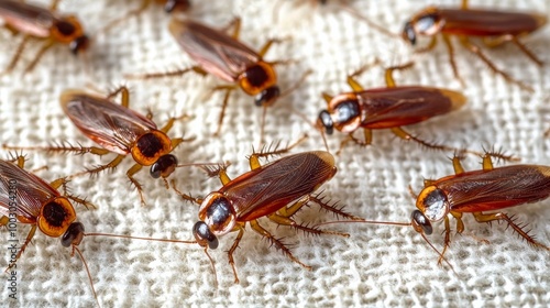Close-up view of various cockroaches crawling on a textured surface in a well...