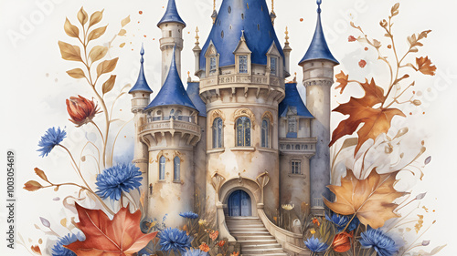 Fine masterful hand drawing of an ancient castle with blue roofs in a bright orange autumn forest. Inspiring idea for magical tales about brave princes, beautiful princesses and kind fairies.