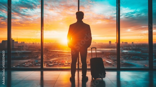 Businessman Watching Sunset at Airport Terminal photo