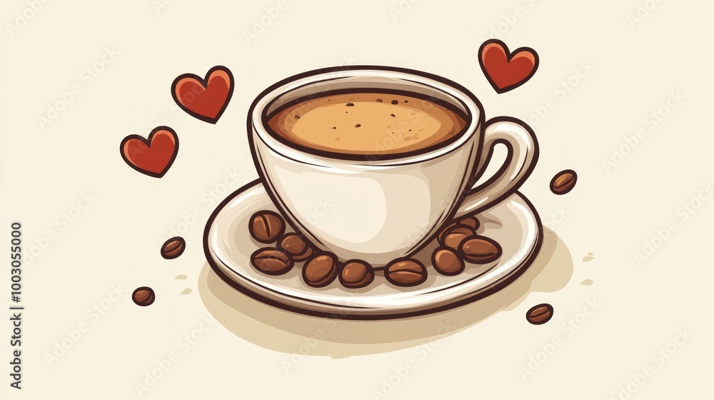 Obraz premium A cartoon illustration of a cup of coffee with hearts and coffee beans.
