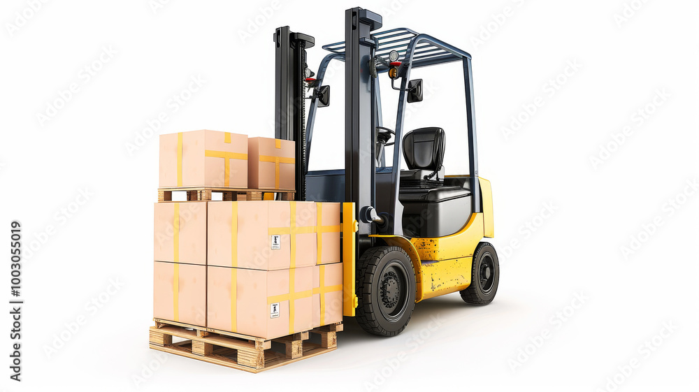 image displays a forklift truck in a static position, the forks of which are fully inserted under a wooden pallet that is loaded with cardboard boxes image displays a forklift truck in a static position, the forks of which are fully inserted under a wooden pallet that is loaded with cardboard boxes