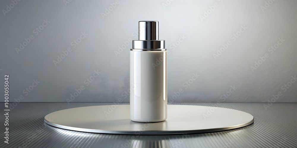 Sleek Silver and White: A pristine white bottle with a silver spray nozzle, beautifully captured on a round silver surface. Sleek Silver and White: A pristine white bottle with a silver spray nozzle, beautifully captured on a round silver surface.