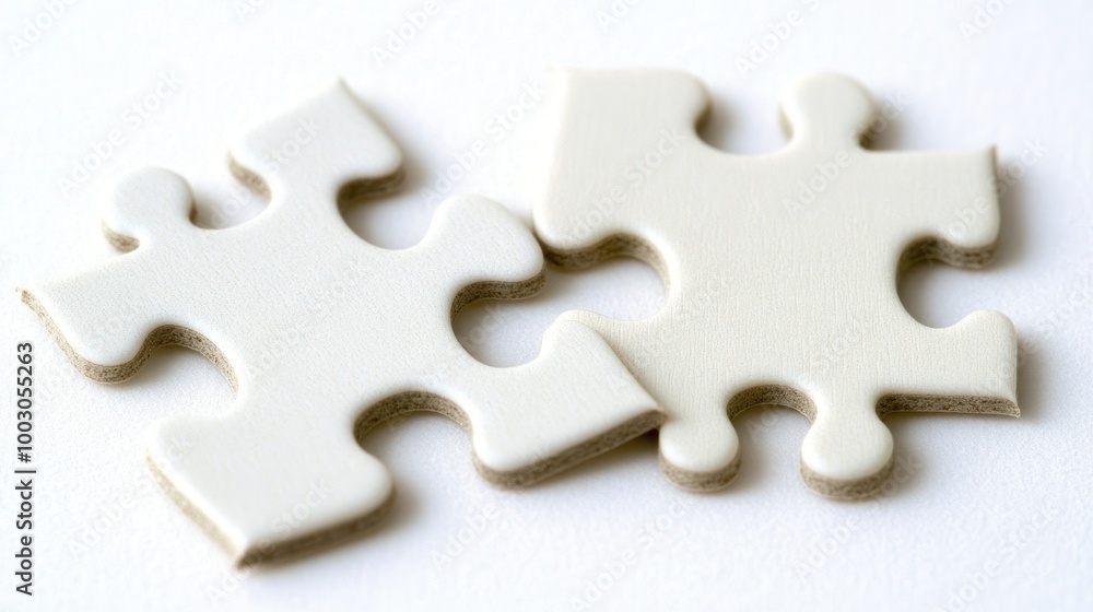Two interlocking white puzzle pieces on a light background. Two interlocking white puzzle pieces on a light background.