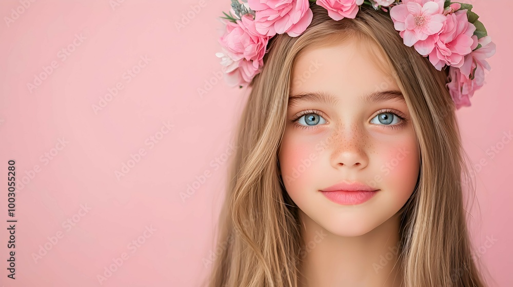 Beautiful Young Girl with Flower Crown Portrait on Pink Background Beautiful Young Girl with Flower Crown Portrait on Pink Background