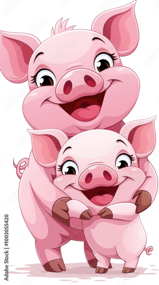 Naklejka premium Cute cartoon pig characters smiling and hugging in a cheerful, playful depiction perfect for children's books and educational materials.