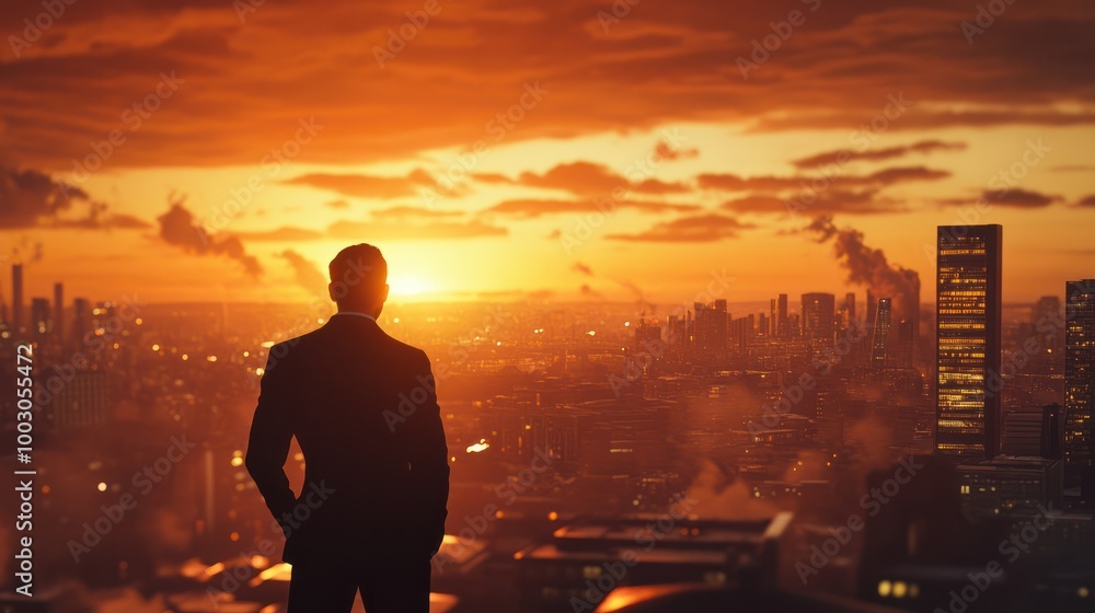 businessman overlooking city horizon preparing for new opportunities and challenges businessman overlooking city horizon preparing for new opportunities and challenges