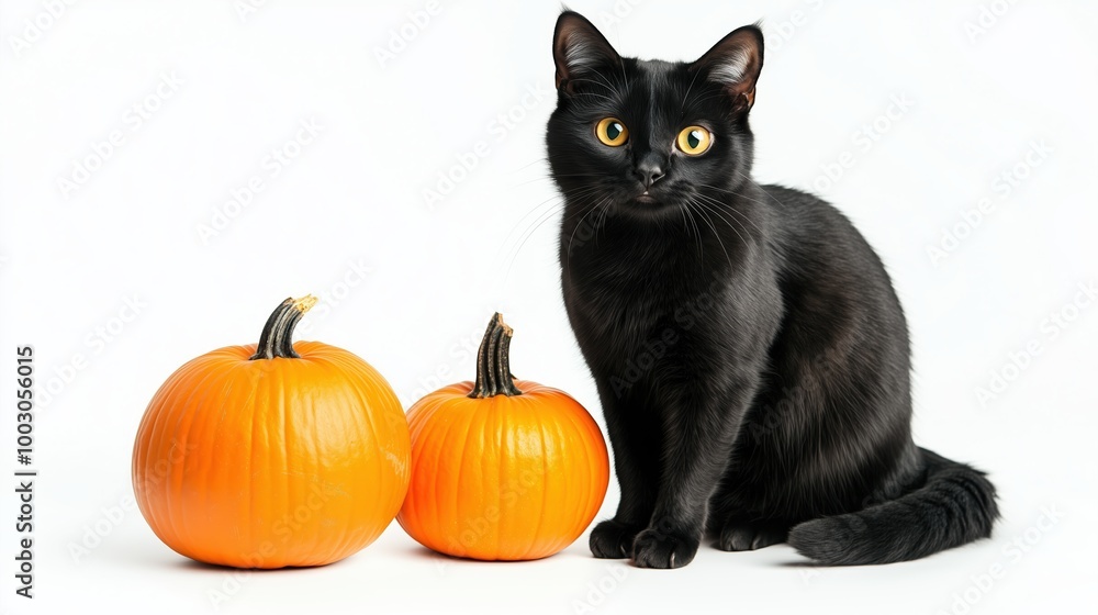 Black cat with pumpkin on a white background Black cat with pumpkin on a white background