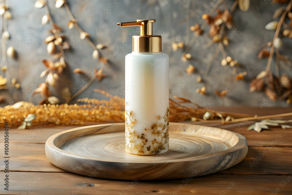 Elegant Gold Leaf Soap Dispenser on Wooden Tray Elegant Gold Leaf Soap Dispenser on Wooden Tray