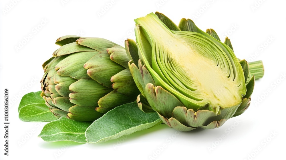 Obraz premium Artichoke Whole and Cut in Half Generative AI