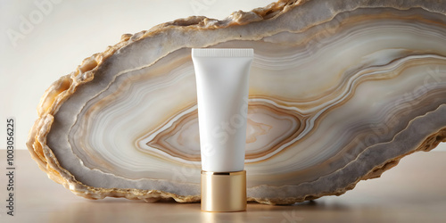 Agate and Gold:  A sleek white tube of skincare product rests on a beautifully patterned agate slice, showcasing its luxurious and natural qualities.  The warm gold accents add a touch of elegance.  photo