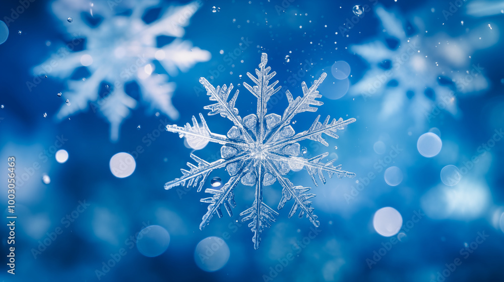 Snowflakes on ice, deep blue background Snowflakes on ice, deep blue background