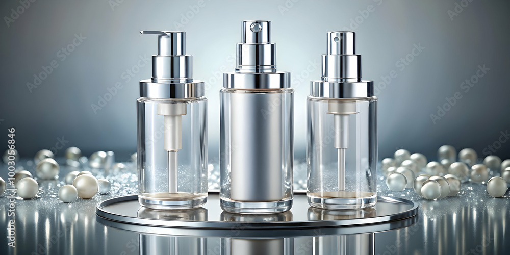 Luxe Skincare Collection: Three sleek, silver-capped bottles of luxurious skincare products gleam on a polished silver tray, surrounded by scattered pearls. Luxe Skincare Collection: Three sleek, silver-capped bottles of luxurious skincare products gleam on a polished silver tray, surrounded by scattered pearls.