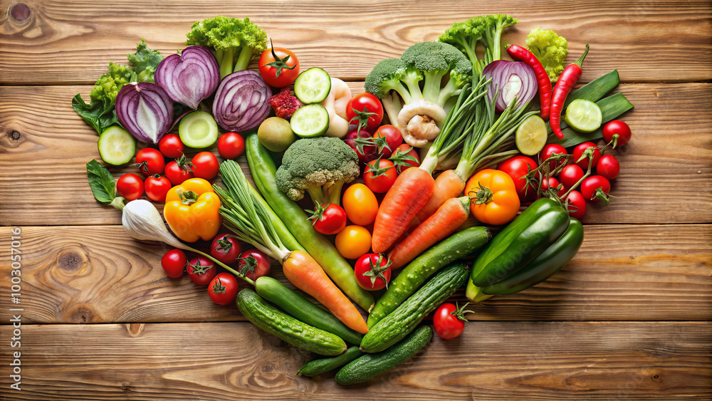 A creative display of various fresh vegetables, including carrots, tomatoes, and cucumbers, arranged in a heart shape on a wooden surface encourages healthy eating A creative display of various fresh vegetables, including carrots, tomatoes, and cucumbers, arranged in a heart shape on a wooden surface encourages healthy eating