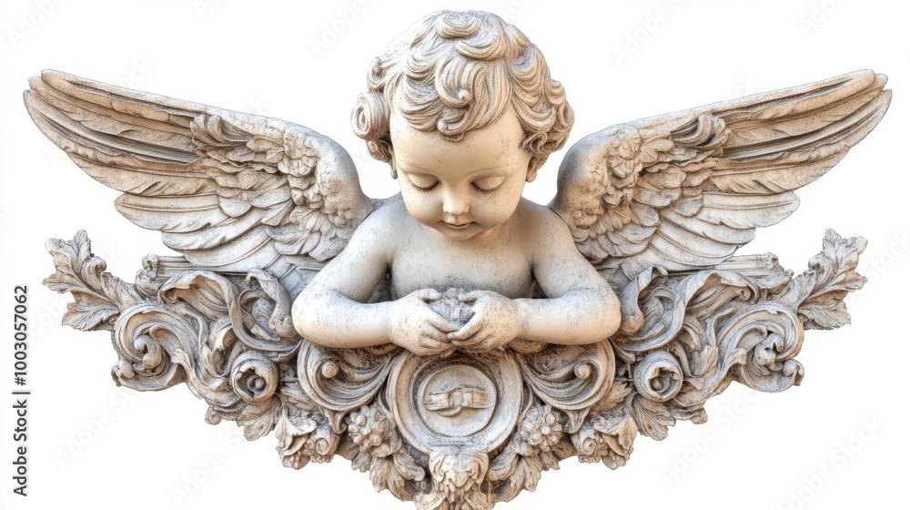 Beautiful stone angel sculpture with intricate floral details, showcasing cherubic features and elegant wings, perfect for decor or divine inspiration. Beautiful stone angel sculpture with intricate floral details, showcasing cherubic features and elegant wings, perfect for decor or divine inspiration.