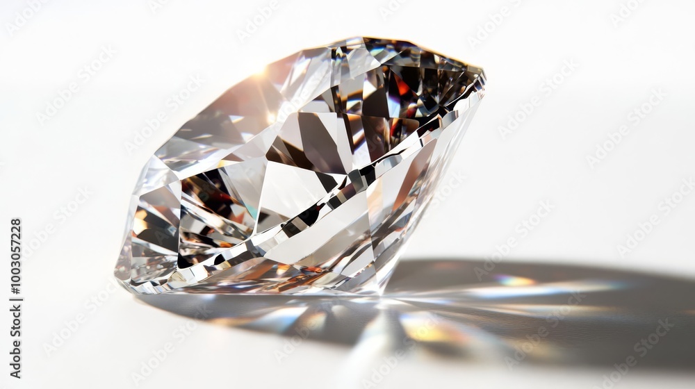 Close-up of a sparkling diamond gemstone with intricate facets reflecting light beautifully against a clean white background. Close-up of a sparkling diamond gemstone with intricate facets reflecting light beautifully against a clean white background.