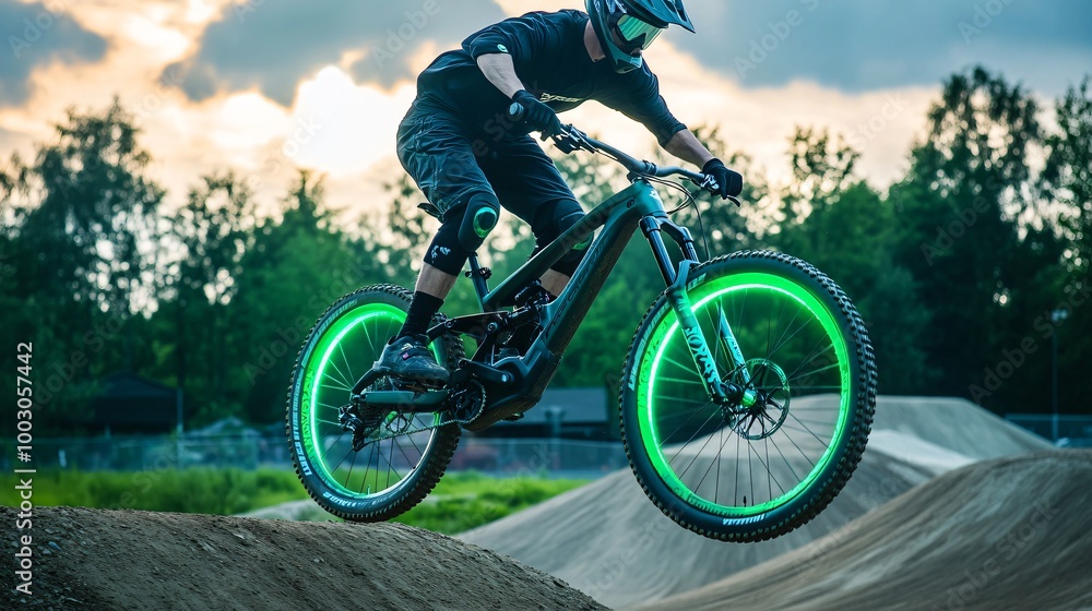 Mountain biker soaring over dirt track with glowing green wheels. Mountain biker soaring over dirt track with glowing green wheels.