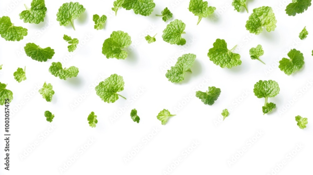 Mint Leaves Scattered on White Background Generative AI Mint Leaves Scattered on White Background Generative AI