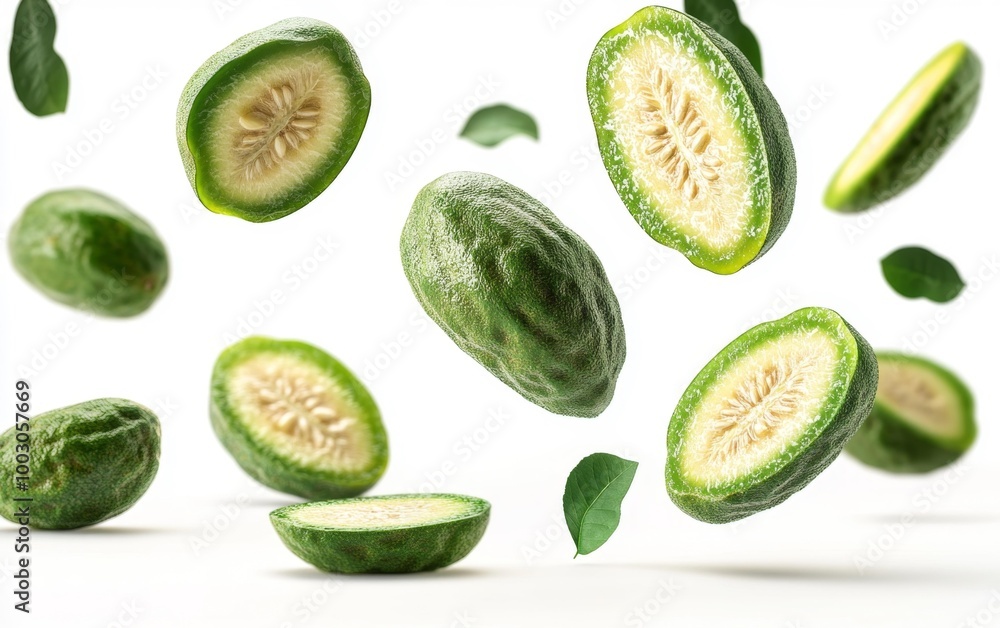 Feijoa fruits floating in the air Generative AI Feijoa fruits floating in the air Generative AI