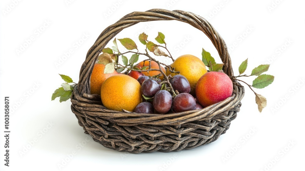 A woven basket filled with assorted fruits, showcasing a vibrant and natural arrangement. A woven basket filled with assorted fruits, showcasing a vibrant and natural arrangement.