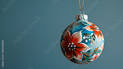 A delicate Christmas ornament with hand painted floral designs hanging against a blue background