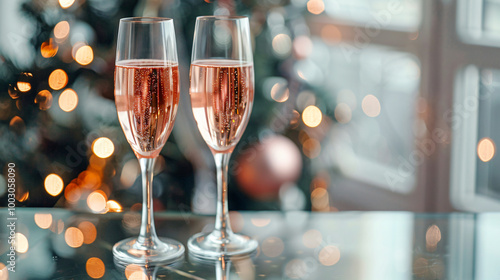 Two glasses of sparkling pink champagne on a crystal surface with Christmas lights in the background