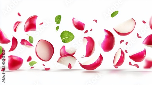 Fresh Radish Slices Floating with Leaves – Generative AI