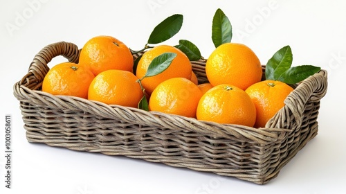 A basket filled with fresh oranges, showcasing their vibrant color and green leaves.