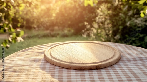 A wooden serving board on a checkered tablecloth in a sunlit garden setting.