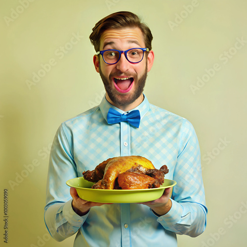 Photo portrait man in glasses keeping baked chicken on thanksgiving day amazed isolated background