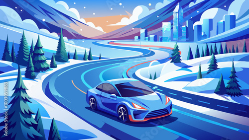 Blue electric car on winding snowy road, luxury auto