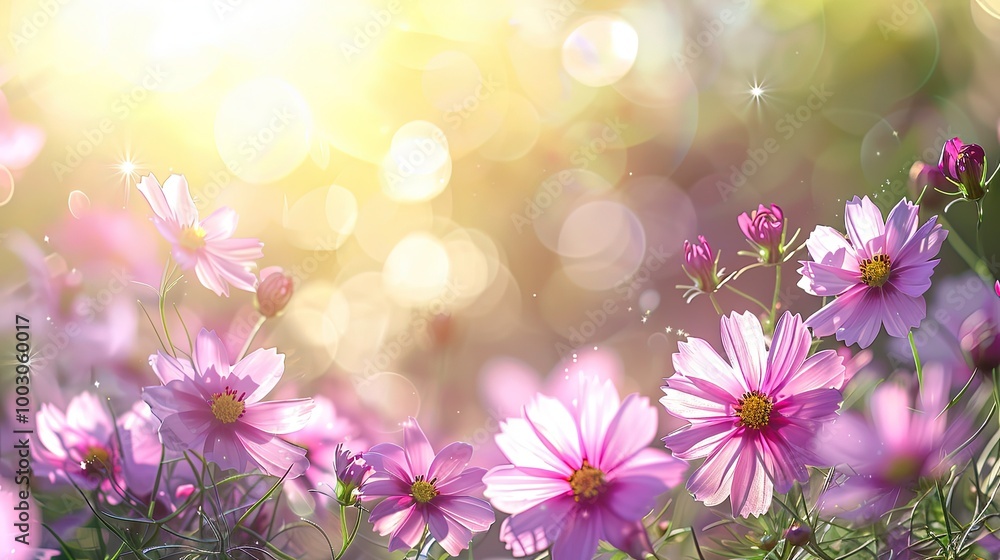 Aster flowers on each side with soft color background, large empty copy space, abstract natural flower frame layout, romantic feminine composition, wedding invitation concept. Aster flowers on each side with soft color background, large empty copy space, abstract natural flower frame layout, romantic feminine composition, wedding invitation concept.