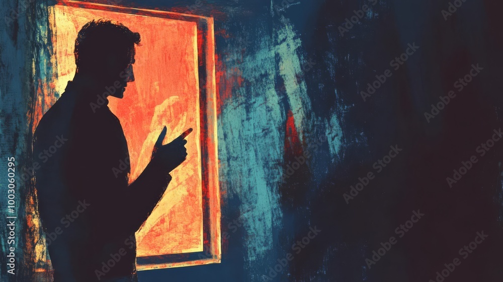 Obraz premium Silhouette of man by window with abstract background, creating a dramatic and moody atmosphere.