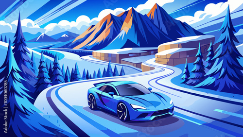 Blue electric car on winding snowy road, luxury auto