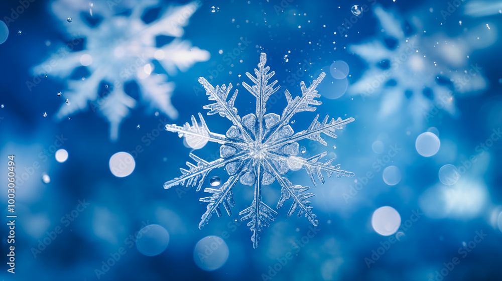 Snowflakes on ice, deep blue background Snowflakes on ice, deep blue background