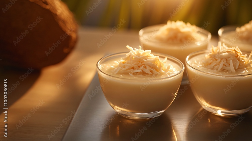 Coconut custard served in glass cups, on a modern steel surface with a warm amber backdrop Coconut custard served in glass cups, on a modern steel surface with a warm amber backdrop