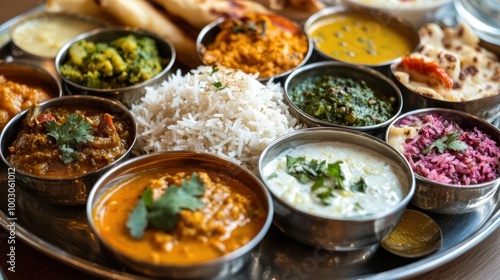 A vibrant platter of various Indian dishes served with rice and bread.