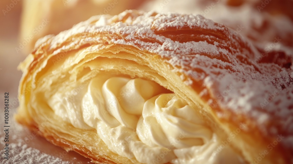 A close-up of a flaky pastry filled with cream and dusted with powdered sugar. A close-up of a flaky pastry filled with cream and dusted with powdered sugar.
