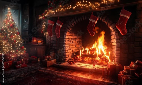 Cozy fireplace scene with stockings hanging, where the flameâ€™s light gradients from orange to deep red, warming the room. . Video