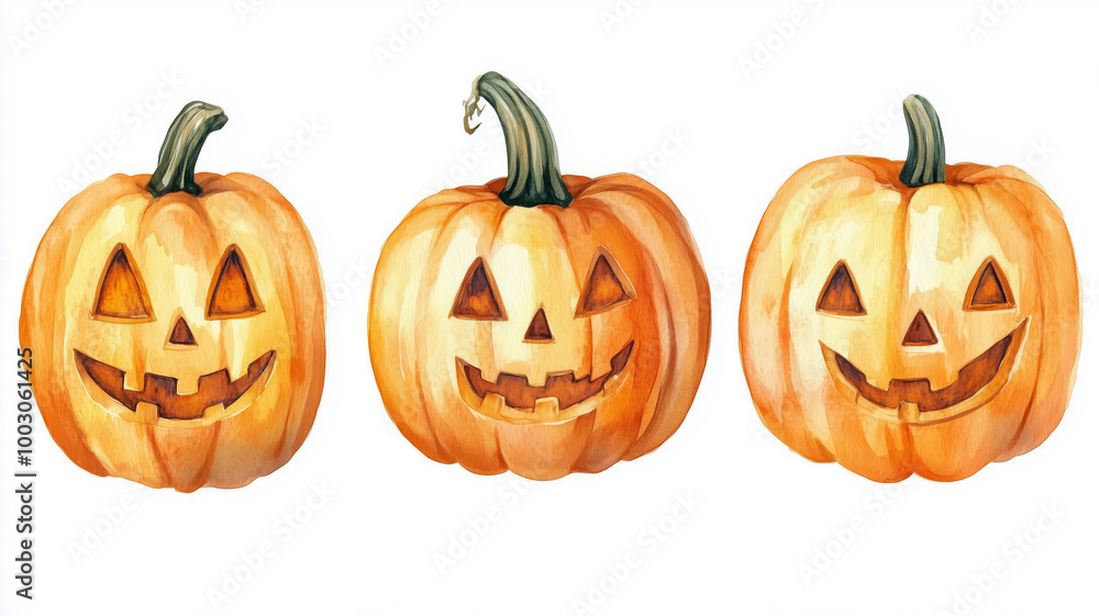 Fototapeta premium A collection of three watercolor halloween pumpkins..