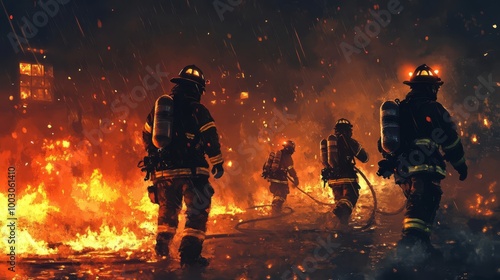 Firefighters battling intense blaze with flames and heavy smoke in the night, showcasing bravery and teamwork in extreme conditions.