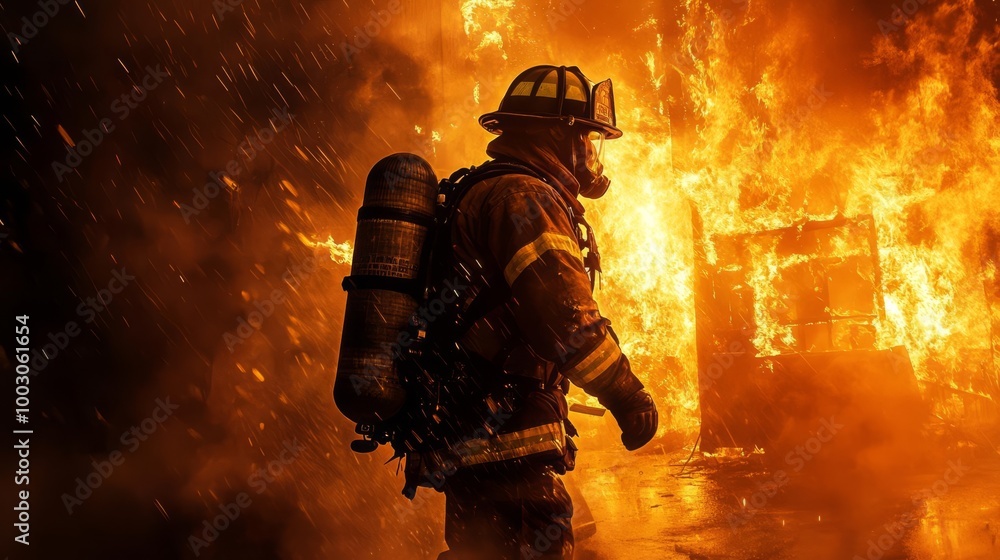 Fototapeta premium Brave firefighter in full gear battling an intense blaze, illustrating heroism and courage in emergency situations.