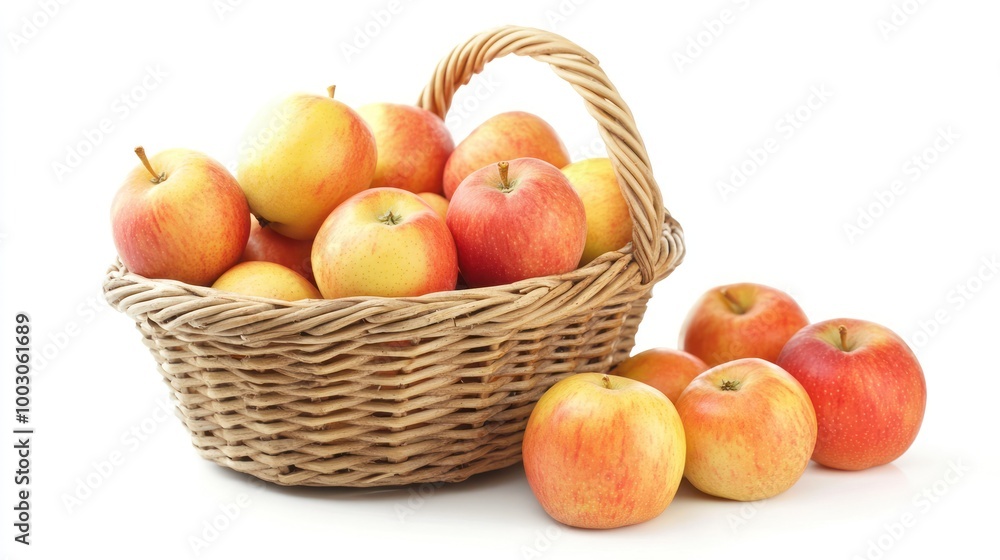 A basket filled with fresh apples, some scattered nearby, showcasing their vibrant colors. A basket filled with fresh apples, some scattered nearby, showcasing their vibrant colors.