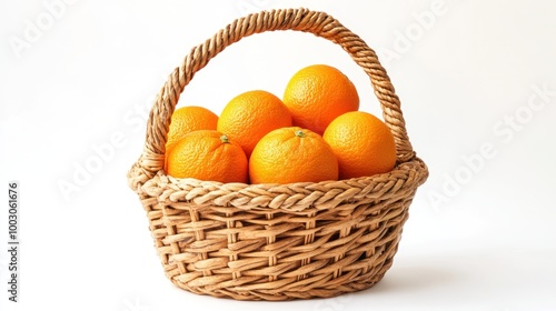 A woven basket filled with fresh oranges, showcasing vibrant colors and natural textures.