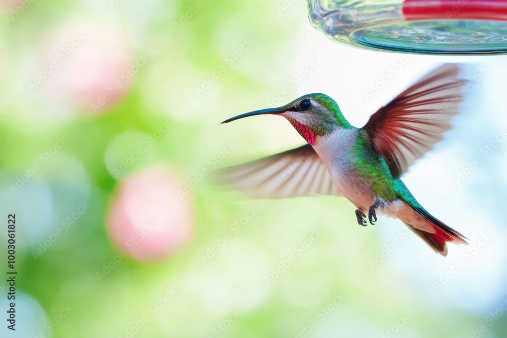 Fototapeta premium A hummingbird hovering near a vibrant nectar feeder on a sunny day in a lush garden setting