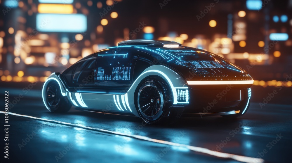 Fototapeta premium Futuristic self-driving car with artificial intelligence technology on a lit road, symbolizing innovation in autonomous vehicle technology.