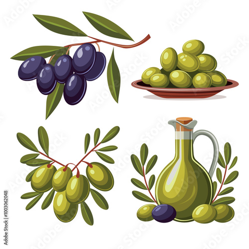 A set of four olive-themed illustrations. A branch of black olives, green olives, a plate of olives, and olive oil. All images are done in the same style and color scheme.
