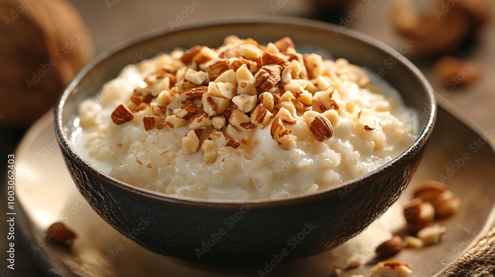 Coconut rice pudding topped with nuts, displayed on a ceramic plate, with a sleek modern background of metallic accents Coconut rice pudding topped with nuts, displayed on a ceramic plate, with a sleek modern background of metallic accents